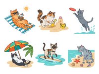 Cats relaxing and playing during summer vacation, lounging on beach towels, swimming in water, building sandcastles and enjoying outdoor activities. Isolated clipart set for design use.