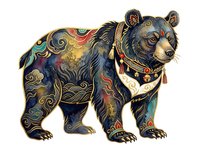 Ornate bear with decorative patterns, gold accents, and jeweled collar isolated on white background. Suitable for apparel design, clipart, and creative projects.
