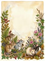 Vintage botanical frame with cute mice and rats among flowers, berries and ferns on aged paper background for greeting cards and invitations.