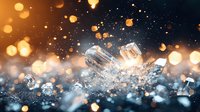 Crystal quartz clusters with golden bokeh lights creating magical atmosphere against dark background. Sparkling minerals catch light.