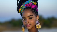Young African woman with braided hair wearing colorful headwrap and statement earrings against blurred sunset background.