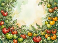Watercolor illustration of ripe tomatoes in various stages of ripeness with green foliage on cream background, suitable for culinary, gardening, and food-related design projects.