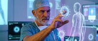 Senior Caucasian male doctor in surgical scrubs examining holographic virus models in futuristic medical laboratory with digital human anatomy displays.