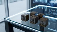 Wooden cubes with logistics symbols on glass table in modern office environment for supply chain management and shipping concepts.