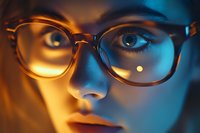Close up portrait of young woman wearing glasses illuminated by contrasting warm orange and cool blue lighting creating dramatic mood and reflection.