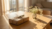 Cozy living room scene with wrapped gift box and fresh flowers in vase on wooden table, warm sunlight streaming through window creating peaceful home atmosphere.