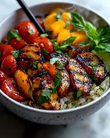Grilled teriyaki chicken bowl with white rice, cherry tomatoes, yellow bell peppers and fresh basil leaves, garnished with herbs in ceramic bowl.