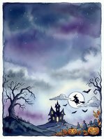 Watercolor Halloween night scene with haunted castle, witch silhouette flying across full moon, spooky trees, bats, pumpkins and starry purple sky for seasonal designs.