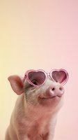 Adorable pig wearing pink heart-shaped sunglasses on pastel gradient background for fun summer and love themed designs.