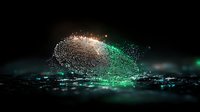 Digital fingerprint transforming into glowing green particles on dark background with bokeh effect, representing cybersecurity and biometric authentication technology.