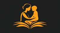 Mother and child reading together on open book pages in warm orange silhouette design for education and family literacy concepts on dark background.