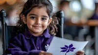 Young South Asian girl in purple school uniform smiles warmly while seated at desk, holding paper with flower drawing, representing education and creativity in classroom setting.