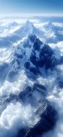Majestic snow-covered mountain peaks rising above clouds in dramatic aerial view, with rugged rocky cliffs and pristine white snowcaps creating ethereal alpine landscape.