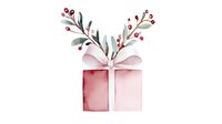 Watercolor pink gift box with ribbon and winter botanical branches with red berries on white background for holiday greeting cards and festive designs.