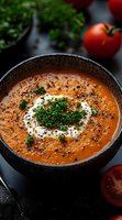 Creamy tomato soup garnished with fresh parsley, black sesame seeds and sour cream swirl in dark ceramic bowl, fresh tomatoes and herbs in background.