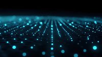 Glowing blue dots forming perspective grid pattern on dark background, creating futuristic technology visualization effect for digital concepts.