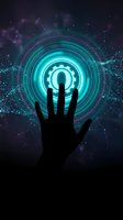 Silhouetted hand touching glowing gear icon surrounded by cyan circular light rings and digital network particles on dark background, representing technology innovation and digital transformation.