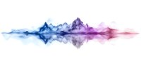 Abstract colorful smoke wave with mirror reflection creating symmetrical pattern in blue and pink gradient colors on white background, isolated design element.