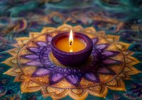 Lit purple candle in decorative holder centered on ornate mandala pattern fabric with gold and teal colors, suitable for wellness, meditation, and spiritual content.