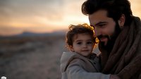 Middle Eastern father holding young curly-haired toddler at sunset, both wrapped in warm blanket against desert backdrop, creating intimate family moment in golden light.