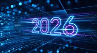 Futuristic neon 2026 numbers glowing in blue and purple light with digital technology background and flowing data streams for new year concepts.