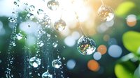 Sparkling water drops and spherical dewdrops reflecting nature create magical bokeh effect against soft green background, capturing morning freshness and light.