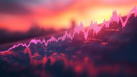 Financial market graph with dramatic pink and red gradient colors against dark background showing upward trend and stock price movement in dynamic perspective.