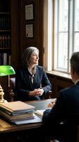 Senior female attorney with gray hair, Caucasian ethnicity, wearing dark blazer, conducting professional meeting in wood-paneled law office with client across desk, green desk lamp, bookshelves, and framed certificates visible, suitable for legal services, corporate, and business consulting marketing.