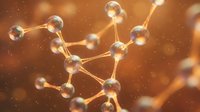 Golden molecular structure with interconnected spheres and bonds on warm background for scientific research and chemistry education materials.