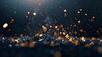 Golden particles and dust fragments scatter against dark blue background with bokeh effect, creating atmospheric abstract composition.