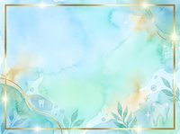Watercolor background with soft turquoise and gold tones, botanical leaf elements, and decorative frame border. Suitable for invitations, greeting cards, and design projects.
