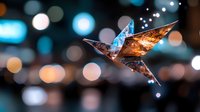Glowing origami paper crane against blurred bokeh city lights background, illuminated by warm and cool tones creating magical atmosphere for decorative art projects.