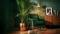 Modern living room with emerald green armchair, potted palm plant in copper vessel, wooden furniture, and warm ambient lighting for contemporary home decor.