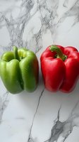 Fresh green and red bell peppers with water droplets on marble background, perfect for healthy eating and cooking concepts.