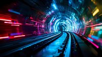 Futuristic tunnel with glowing neon lights and railway tracks creating dynamic motion effect through curved path with red and blue illuminated streaks reflecting on surface.
