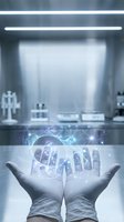 Scientist hands in gloves holding holographic DNA structure in modern laboratory with digital technology effects for medical research and biotechnology.