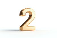 Golden metallic number two standing upright on white background, glossy reflective surface with soft shadow casting beneath, isolated design element.
