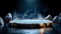 Stone platform with mystical blue light and rising smoke creates dramatic atmosphere against dark background, suitable for product display or fantasy concept.