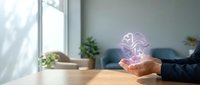 Professional businessman holding glowing pink brain hologram at modern office desk with plants, representing artificial intelligence and innovation.