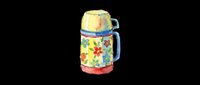 Vintage thermos flask with colorful floral pattern, yellow top, blue handle and red base, isolated on transparent background. Ready for clipart, t-shirt design, stickers, print-on-demand and sublimation projects.