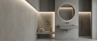 Modern minimalist bathroom interior with warm LED lighting, round mirror, floating sink and neutral beige tones for contemporary home design projects.