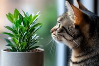 Curious tabby cat observing green houseplant in gray ceramic pot near window, side profile of feline face with whiskers against blurred background.