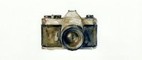 Vintage film camera with weathered brass and blue patina finish, isolated on white background for design projects and creative compositions.
