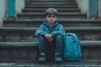 Serious young boy in teal jacket sitting alone on stone steps with matching backpack, conveying childhood loneliness and back to school challenges.