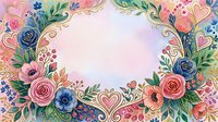 Floral frame with pink roses, blue flowers, green leaves, and decorative hearts on soft pastel background, isolated design element suitable for greeting cards, invitations, and digital projects.