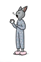 Sleepy cartoon bunny character in polka dot pajamas holding coffee cup, standing with eyes closed. Isolated illustration on white background for children's design.