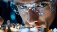 Young male scientist wearing protective eyewear examines data visualization with glowing digital elements and city lights bokeh reflections in dramatic lighting.