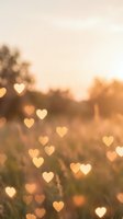 Romantic heart-shaped bokeh lights floating over blurred sunset landscape with warm golden tones for Valentine's Day and love-themed designs.