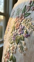 Delicate floral embroidery with colorful thread flowers and leaves on fabric, showcasing traditional needlework craftsmanship for textile and fashion design projects.