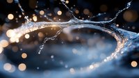Artistic water splash frozen in motion with golden bokeh lights creating magical atmosphere against dark blue background. Dynamic liquid photography.